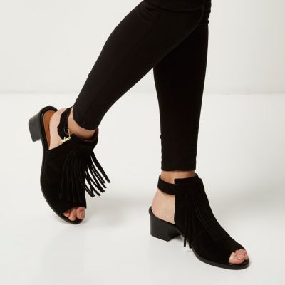 Black suede fringed block heel sandals